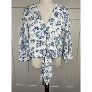 Joie Linen Blend Tie Front Blouse Medium Blue White Toile Fruit Cottagecore